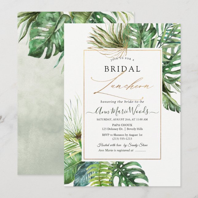 Convites Watercolor Tropical Jungle Bridal Luncheat Invitat (Frente/Verso)
