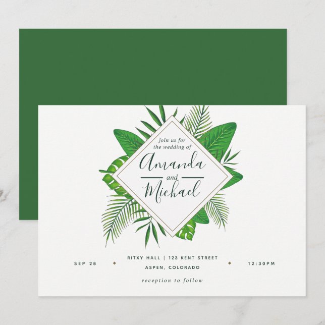 Convites Watercolor Tropical Leaves Beach Weding Invite (Frente/Verso)
