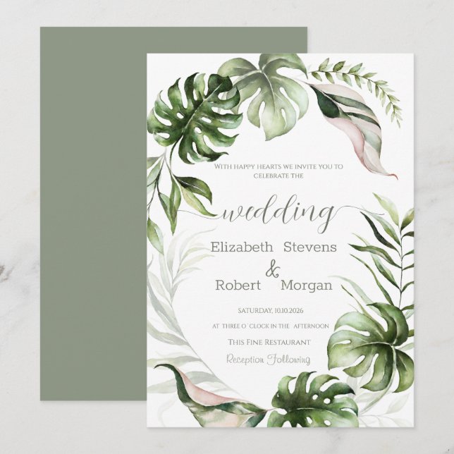 Convites Watercolor Tropical Leaves Greenery  Wedding (Frente/Verso)