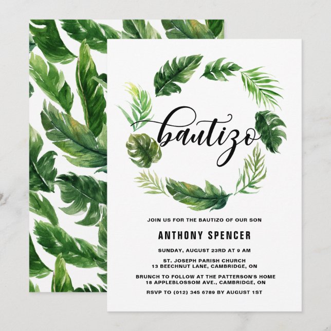 Convites Watercolor Tropical Leaves Wreath Bautizo (Frente/Verso)