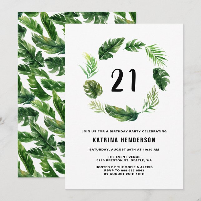 Convites Watercolor Tropical Leaves Wreath Summer Birday (Frente/Verso)
