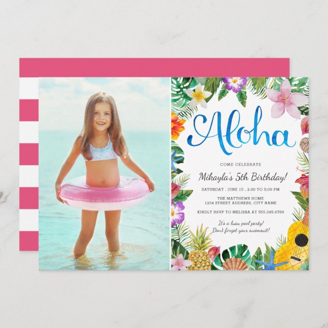 Convites Watercolor Tropical Luau | Festa de aniversário de (Frente/Verso)