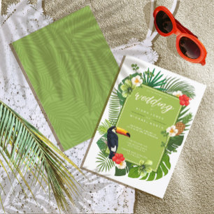 Convites Watercolor Tropical w/Toucan Wedding Green ID577