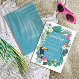 Convites Watercolor Tropical w/Toucan Wedding Teal ID577