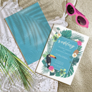 Convites Watercolor Tropical w/Toucan Wedding Teal ID577