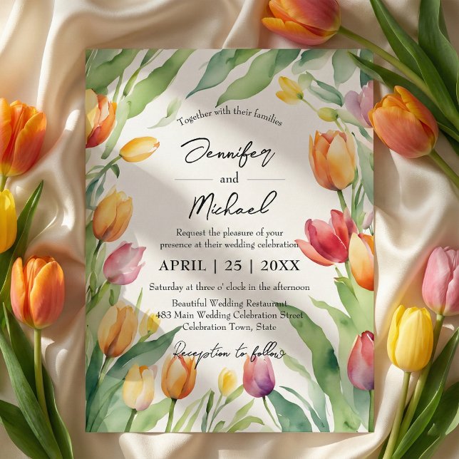Convites Watercolor Tulip Garden Spring Floral Wedding (Criador carregado)