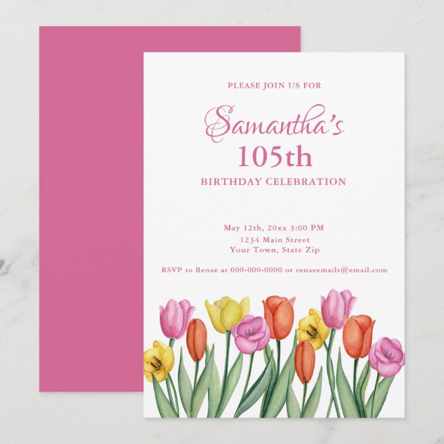 Convites Watercolor Tulips 105th Birthday Party (Frente/Verso)