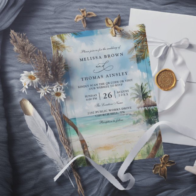 Convites Watercolor Tulum Tropical Beach QR Code Wedding (Criador carregado)