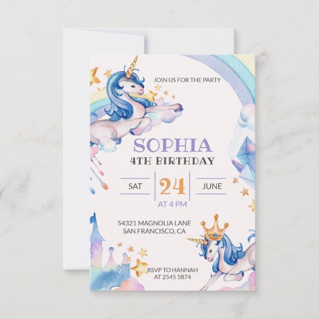 Convites Watercolor Unicorn Birthday (Frente)