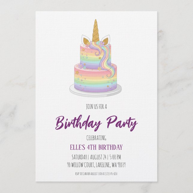 Convites watercolor unicorn rainbow birthday invitation (Frente)