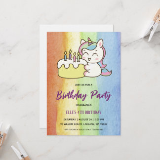 Convites watercolor unicorn rainbow birthday invitation