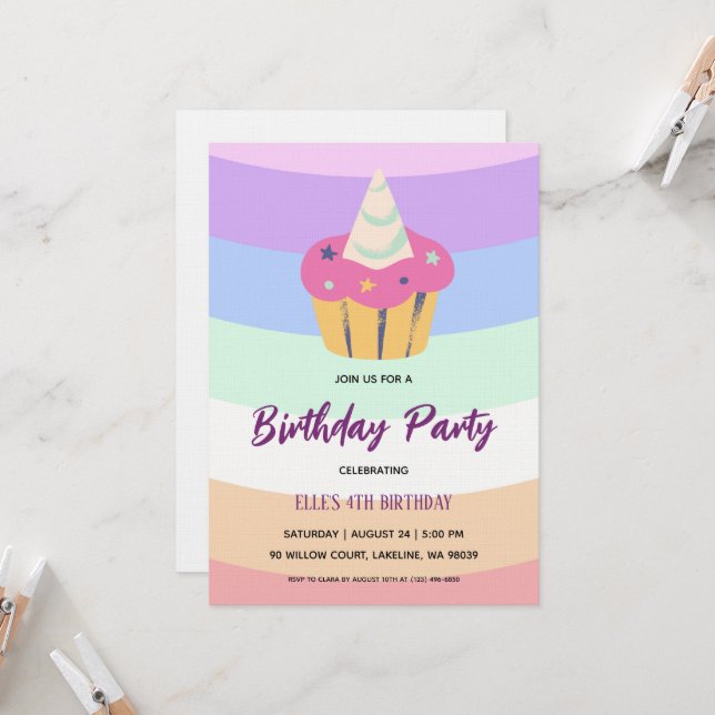 Convites watercolor unicorn rainbow birthday invitation (Frente/Verso In Situ)