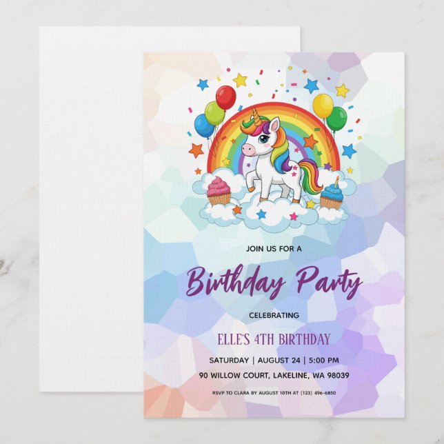 Convites watercolor unicorn rainbow birthday invitation (Frente/Verso)
