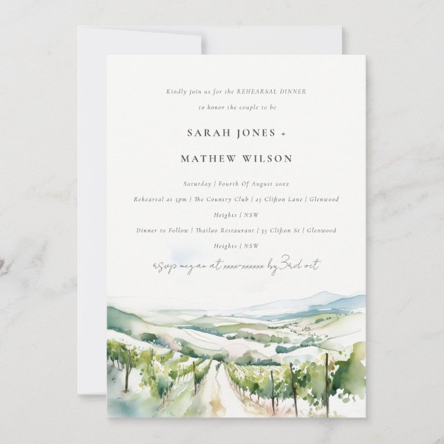 Convites Watercolor Vineyard Landscape Rehearsal Dinner (Frente)