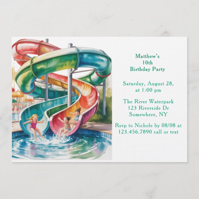 Convites Watercolor Waterslide Kids Birthday Party (Frente)