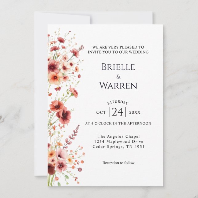 Convites Watercolor Wedding Invitation with Wild Flowers (Frente)