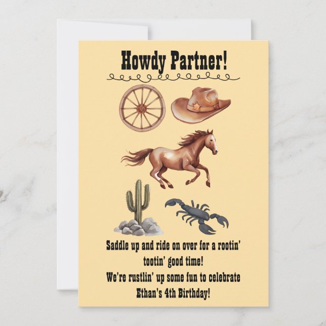 Convites Watercolor Western Kid Art Tan (Frente)