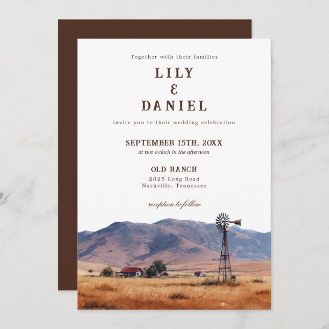 Convites Watercolor Western Mountain Cowboy Ranch Wedding (Frente/Verso)