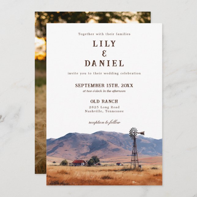 Convites Watercolor Western Mountain Ranch Photo Wedding (Frente/Verso)