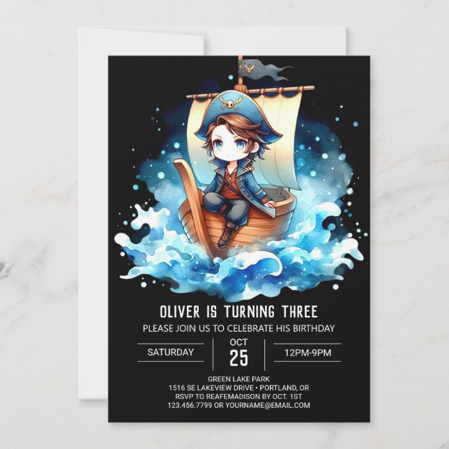 Convites Watercolor Whimsical Pirate Birthday (Frente)