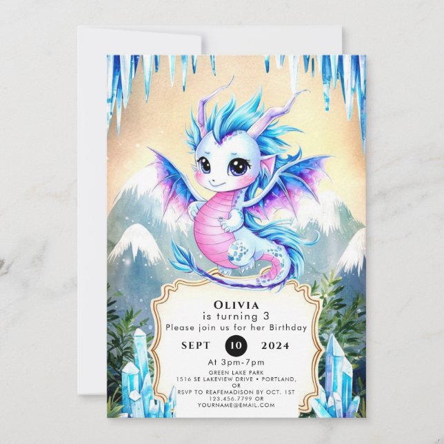 Convites Watercolor Whimsy Dragon Birthday (Frente)