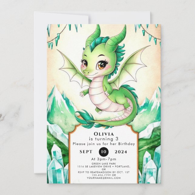 Convites Watercolor Whimsy Dragon Birthday (Frente)