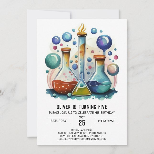 Convites Watercolor Whimsy Lab Scientist Aniversário (Frente)