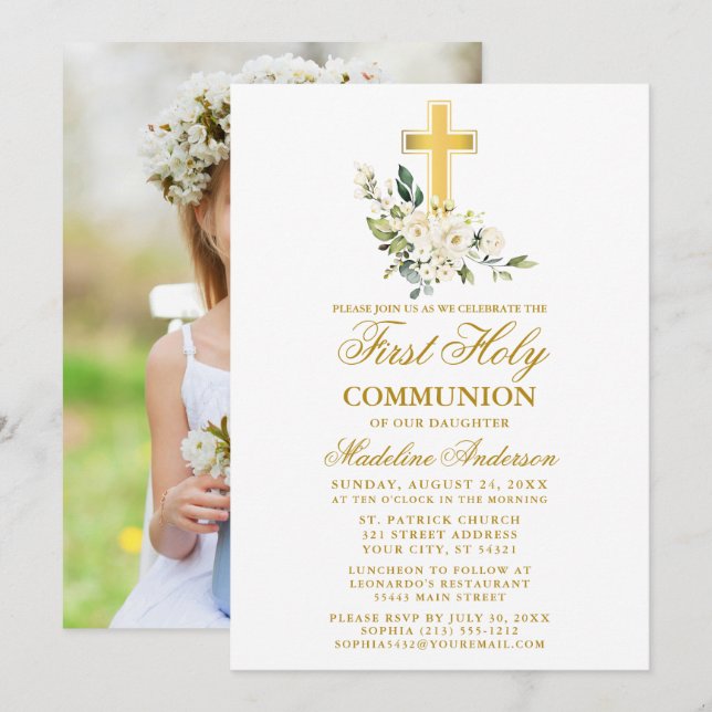Convites Watercolor White Floral Foto Primeira Comunhão (Frente/Verso)