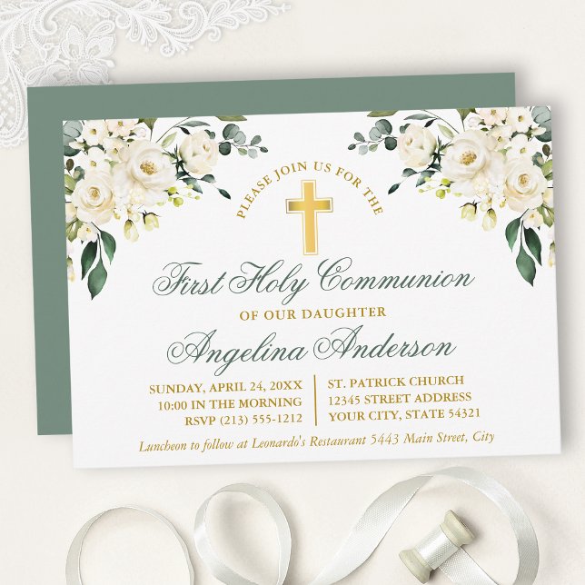 Convites Watercolor White Floral Sage Green Gold Communion (Customize to change text color, size, style or to change color of back of card.)