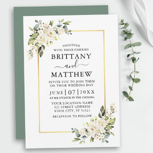 Convites Watercolor White Floral Weding Sage Green