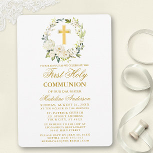 Convites Watercolor White Floral Wreath Dourada Communité