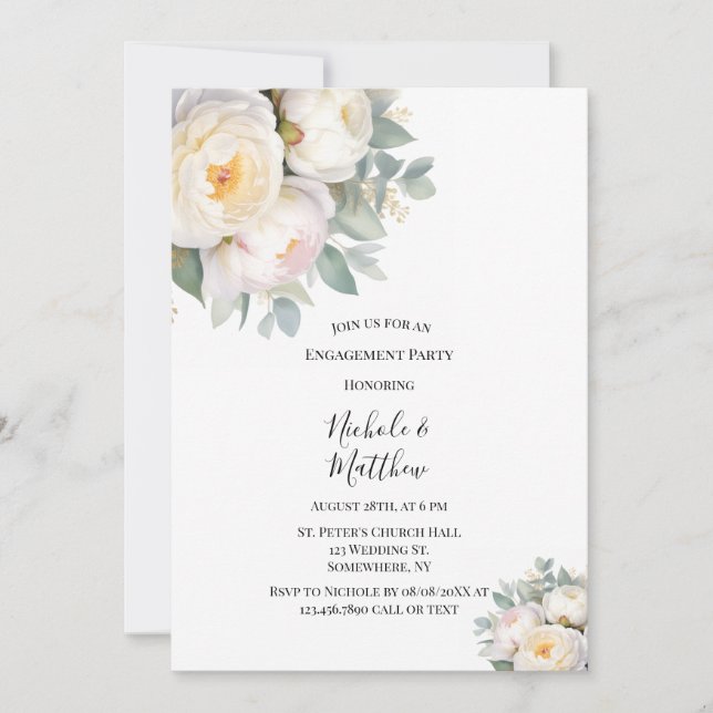 Convites Watercolor White Peonies Engagement Party (Frente)