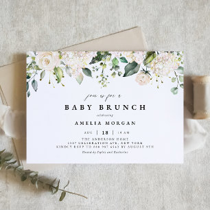 Convites Watercolor White Rose e Hydrangea Baby Brunch