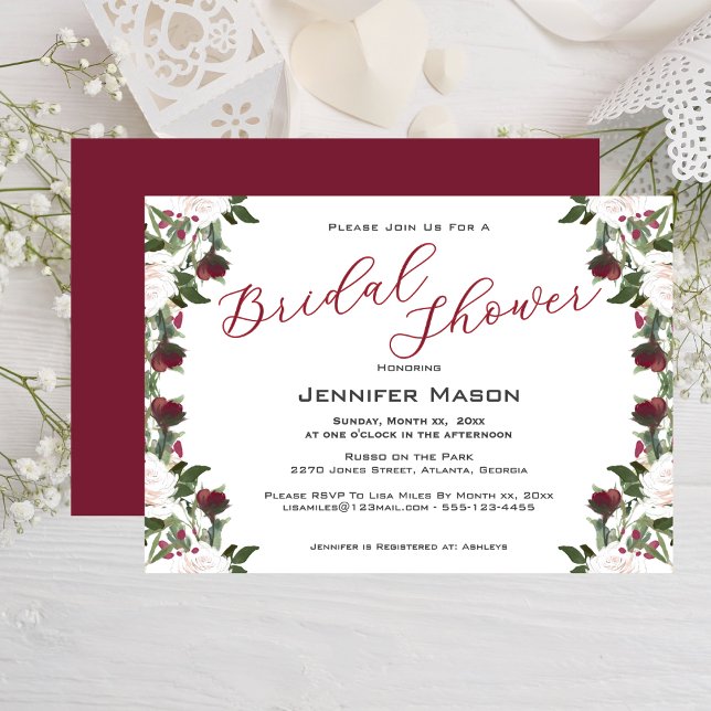 Convites Watercolor White Roses Cranberry Bridal Shower  (Watercolor White Roses Cranberry Bridal Shower Invitation)