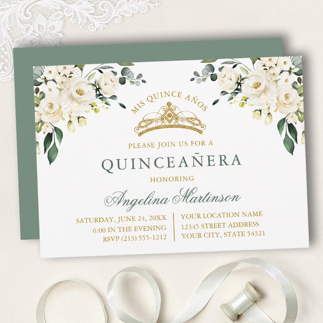 Convites Watercolor White Roses Sage Green Gold Quinceanera (Customize to change text color, text style or color of back of card.)