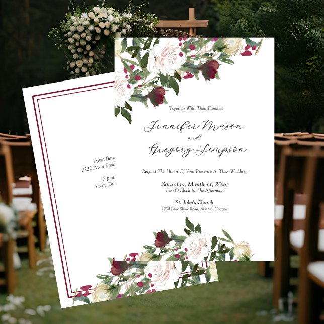 Convites Watercolor White Roses with Cranberry Wedding (Watercolor White Roses With Cranberry Floral Wedding Invitation)