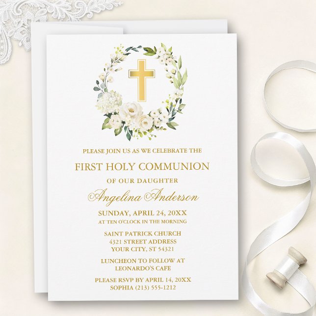 Convites Watercolor White Roses Wreath Gold Communion (Customize to change text size, text style or color.)