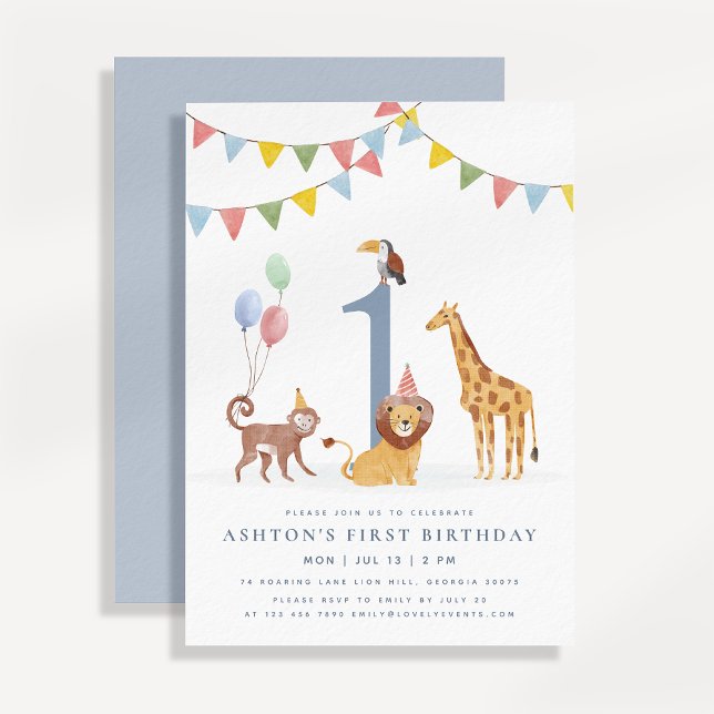 Convites Watercolor Wild Animals First Birthday (Criador carregado)