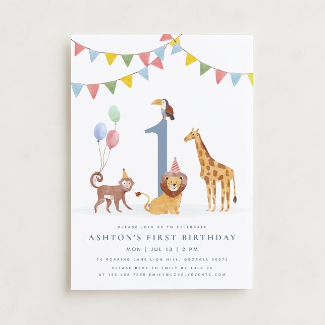 Convites Watercolor Wild Animals First Birthday (Criador carregado)