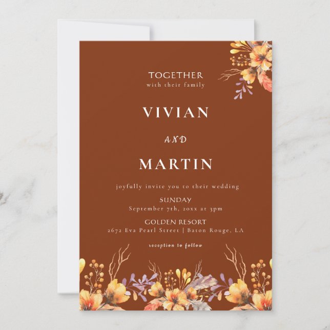 Convites Watercolor Wild Floral Terracotta Wedding (Frente)