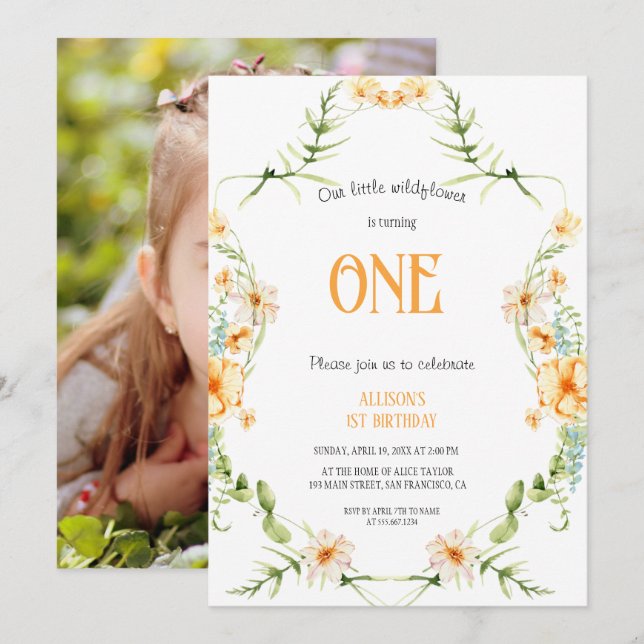 Convites Watercolor Wildflower 1st Birthday Mauve Girl  (Frente/Verso)