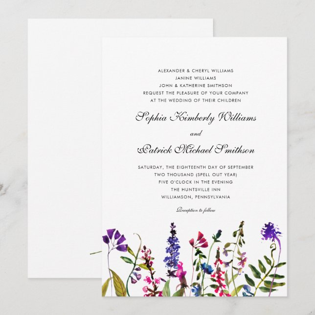 Convites Watercolor Wildflower | 3 estabelece o casamento d (Frente/Verso)