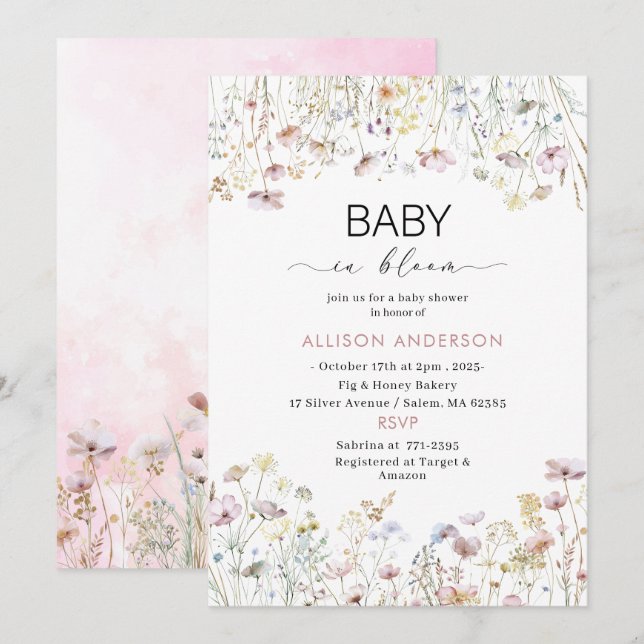 Convites Watercolor Wildflower  Baby in Bloom Baby shower (Frente/Verso)