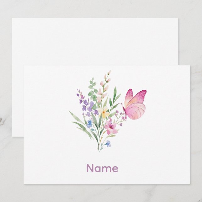 Convites Watercolor Wildflower Bouquet with Pink Butterfly (Frente/Verso)