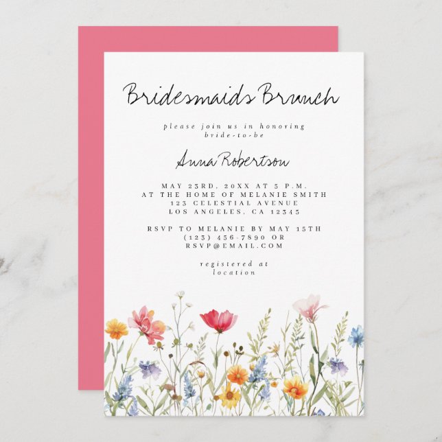 Convites Watercolor Wildflower Bridesmaids Brunch (Frente/Verso)