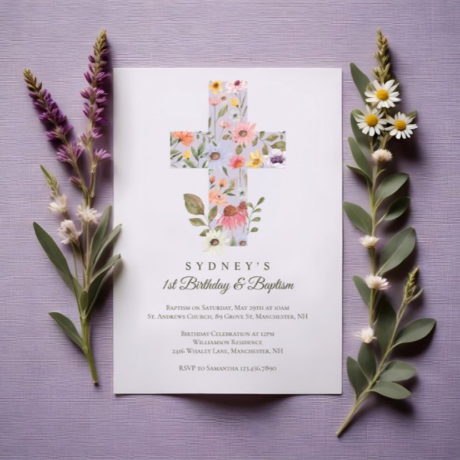 Convites Watercolor Wildflower Cross primeiro aniversario B (Watercolor Wildflower Cross 1st Birthday Baptism Invitation)