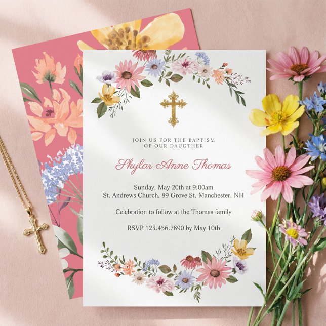 Convites Watercolor Wildflower Floral Wreath Baptism (Watercolor Wildflower Floral Wreath Baptism Invitation)