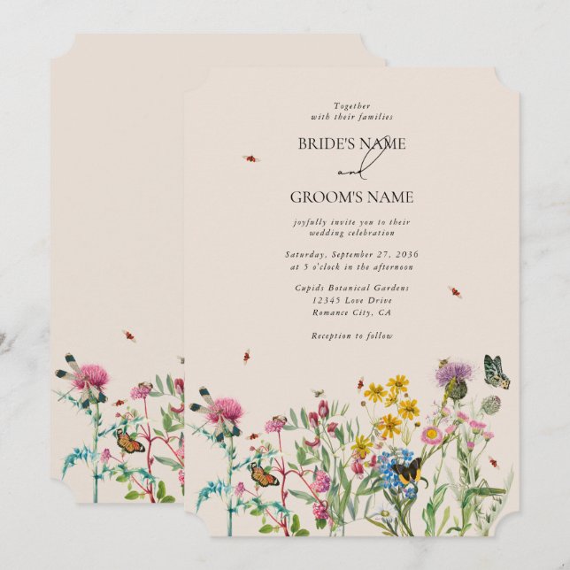 Convites Watercolor Wildflower Garden & Insetos Casamento I (Frente/Verso)