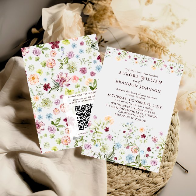 Convites Watercolor Wildflower Garden QR Code RSVP Wedding  (Criador carregado)