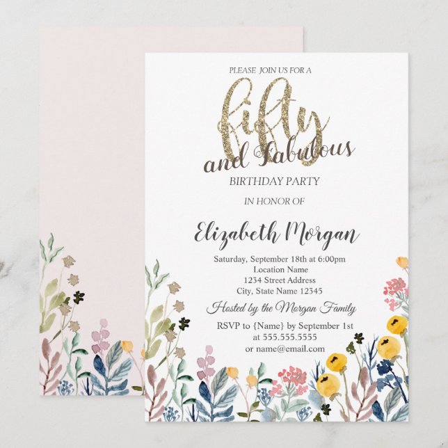 Convites Watercolor Wildflower Meadow 50th Birthday (Frente/Verso)